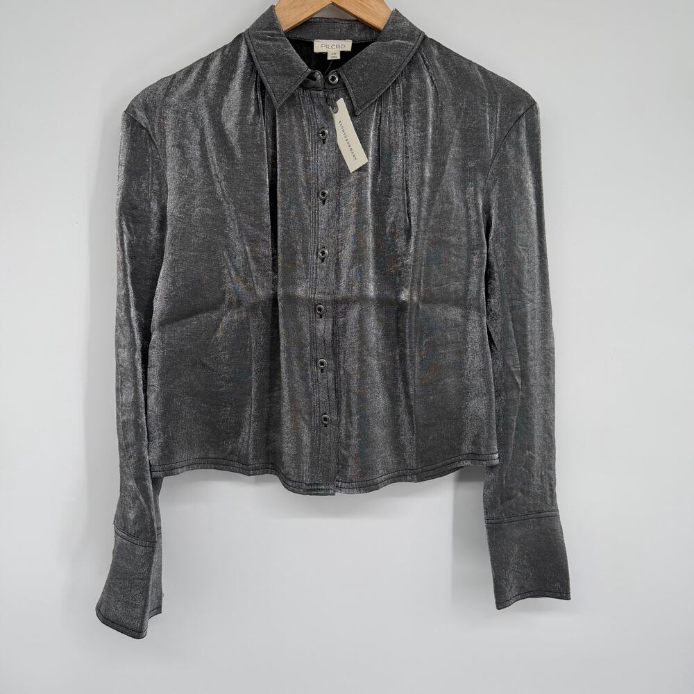 Anthropologie Pilcro Top Women XXS Liquid Shine Buttondown Cropped Edgy Metallic
